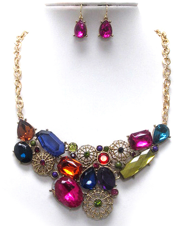 Crystal and facet acrylic stone cocktail small bib necklace earring set