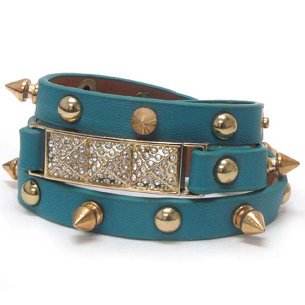 Crystal and multi spike deco leatherette wrap bracelet