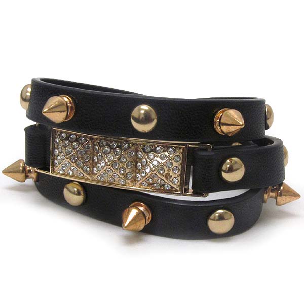 Crystal and multi spike deco leatherette wrap bracelet