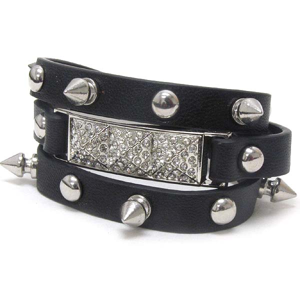 Crystal and multi spike deco leatherette wrap bracelet