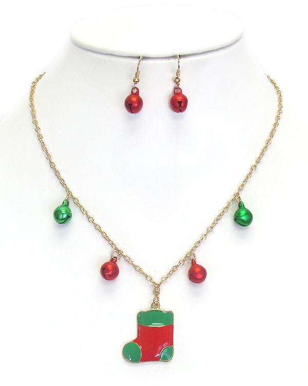 Christmas sock pendant and bell dangle necklace set