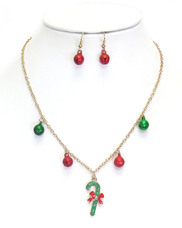 Christmas stick pendant and bell dangle necklace set