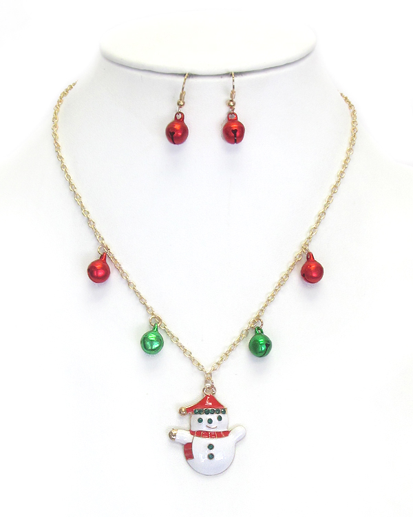 Christmas snowman pendant and bell dangle necklace set