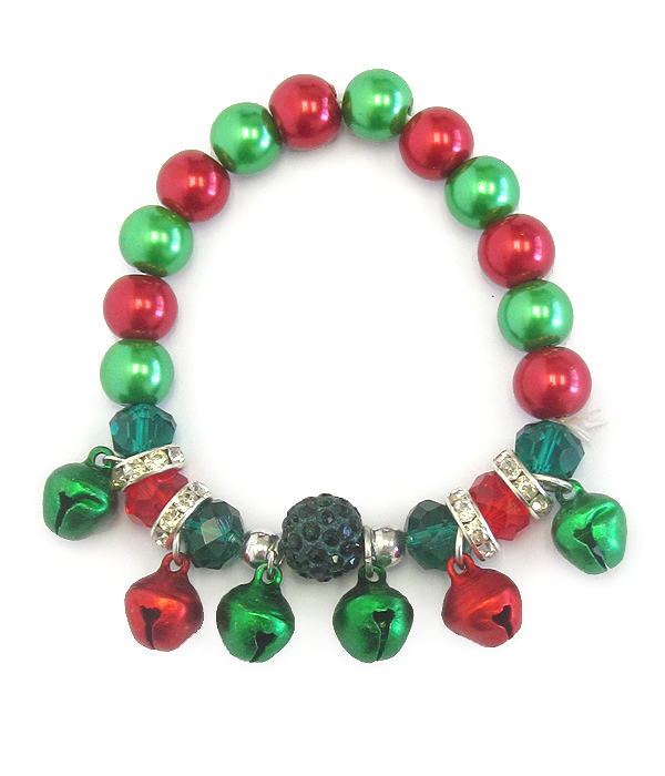 Christmas theme crystal clay ball and multi bell dangle stretch bracelet