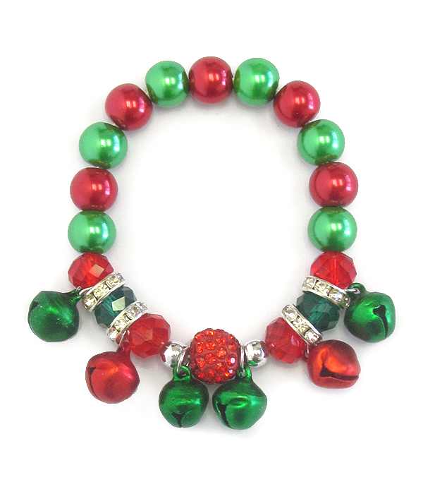 Christmas theme crystal clay ball and multi bell dangle stretch bracelet