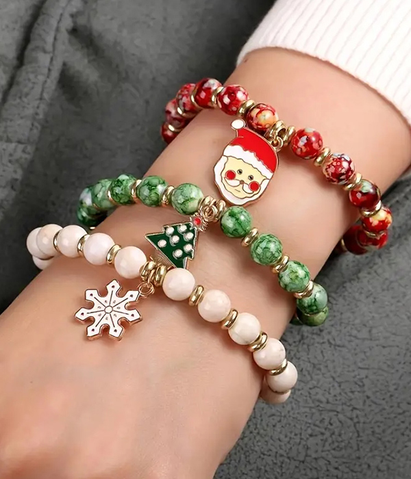 Christmas theme 3 stretch bracelet set - santa snowflake tree