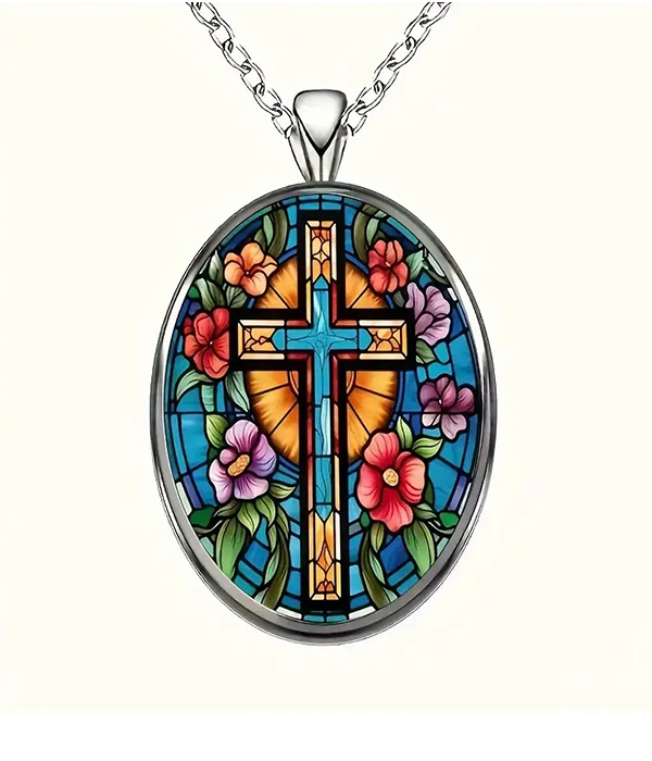 Stained glass inspired cross pendant necklace