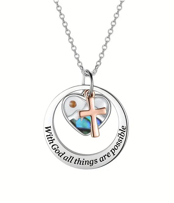 Stainless steel cross and heart pendant necklace - with god all things are possible