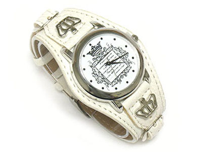 Designer inspired crown amblem background double buckle belt leather band watch