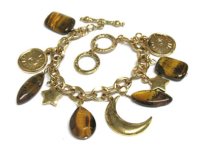 Agate stone and multi metal charm dangle toggle bracelet