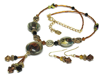 Beads tube and glass deco necklace and earring set