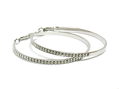 Half crystal high polish metal hoop earring - hoops