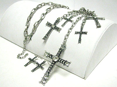 Multi crystal stud cross charm drop long necklace set