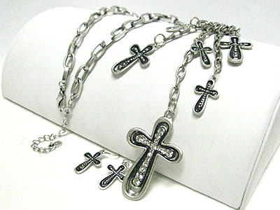 Multi crystal stud round edge cross charm drop long necklace set