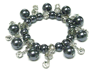 Crystal ball and pearl beads drop stretch bracelet