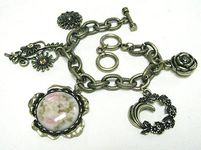 Antique style flower charm toggle bracelet