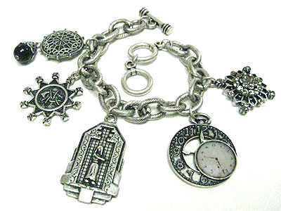 Antique style clock and multi charm toggle bracelet