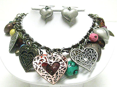 Antique style multi heart charm dangle chain and braided band necklace set