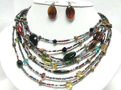 Multi row seed beads and glass beads necklace set