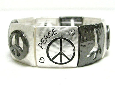 Peace theme hammered metal stretch bracelet