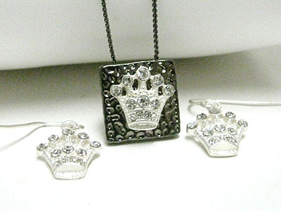 Crystal crown pimple square metal pendant necklace earring set