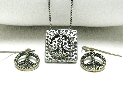 Crystal peace pimple square metal pendant necklace earring set