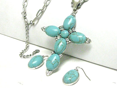 Turquoise and crystal cross pendant necklace earring set