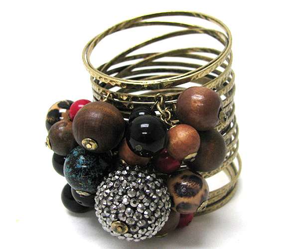 Massive style chunky wood ball and fireball cluster bangle