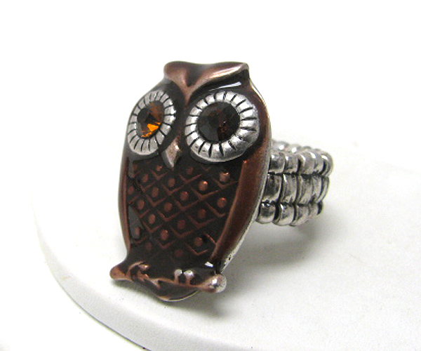 Crystal and enamel owl stretch ring