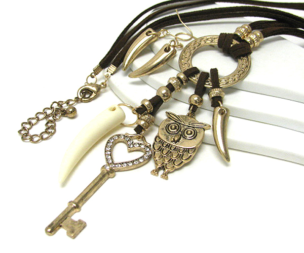 Key owl horn dangle long necklace earring set