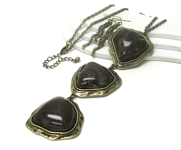 Large three smokey stone drop long necklace earring set