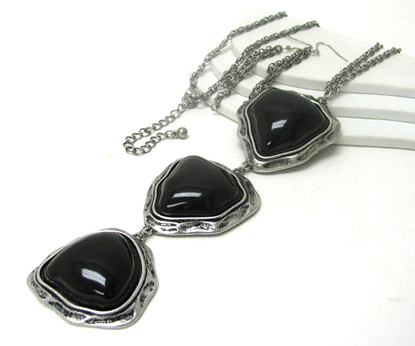 Large three smokey stone drop long necklace earring set