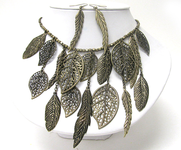 Detail metal leaved dangle necklace earring set