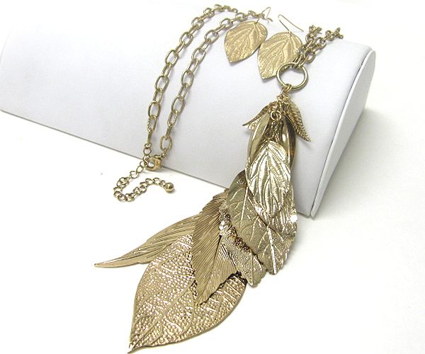 Filigree metal leaves dangle long necklace set