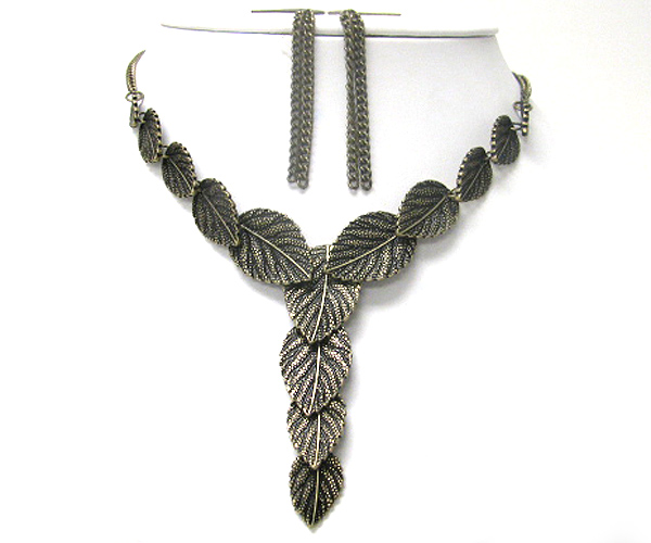 Metal leaves deco y drop necklace earring set