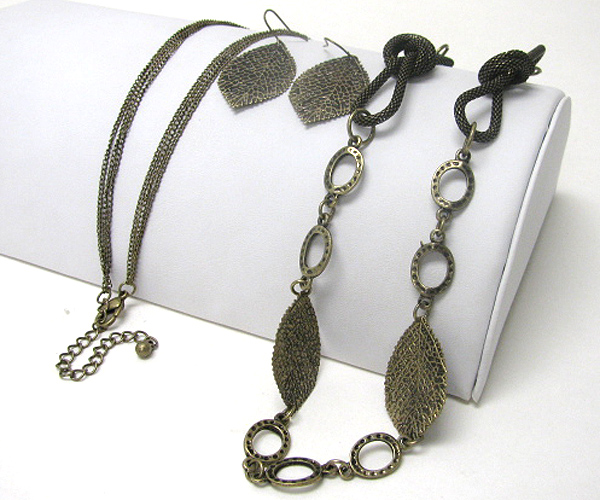 Metal leaves link  long necklace earring set