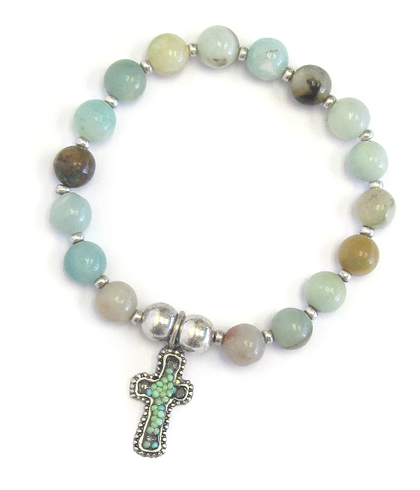 Cross charm genuine stone link stretch bracelet