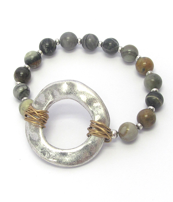 Genuine stone link and metal donut wired stretch bracelet