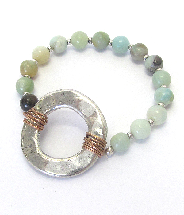 Genuine stone link and metal donut wired stretch bracelet