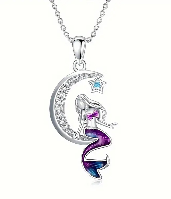 Sealife theme mermaid and moon pendant necklace