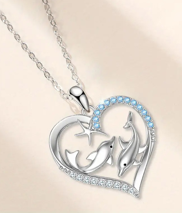 Double dolphin and heart pendant necklace