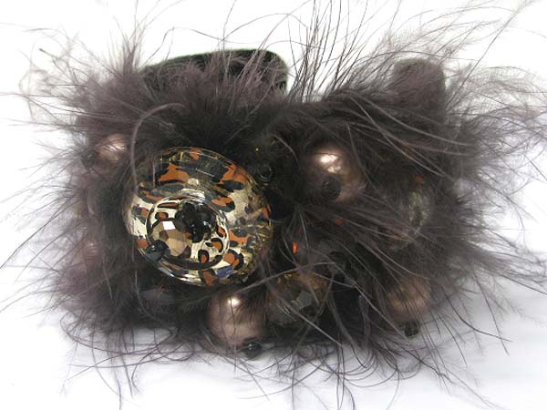 Fur deco pearl beads deco cuff bangle