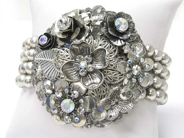 Crystal stud metal fliligree flower deco round stretch bracelet