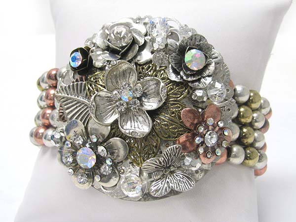 Crystal stud metal fliligree flower deco round stretch bracelet