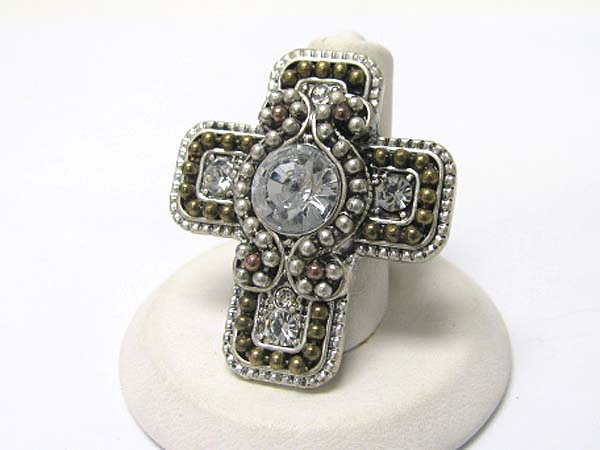 Crystal and and metal beads deco cross stretch ring