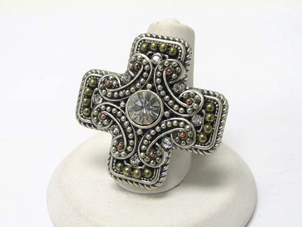 Crystal and and metal beads deco cross stretch ring