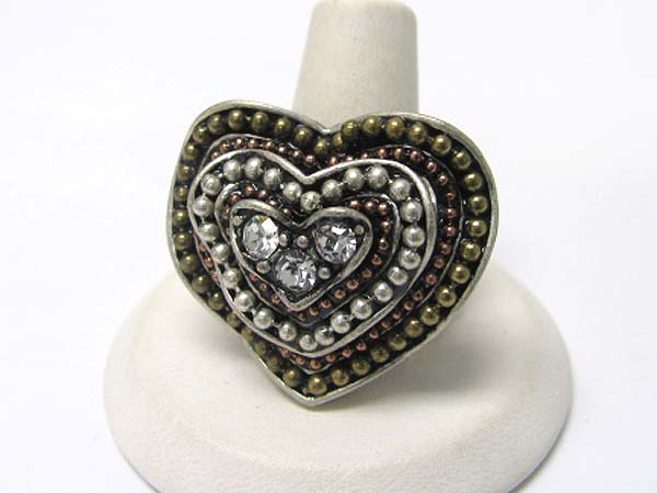 Crystal and and metal beads deco heart stretch ring