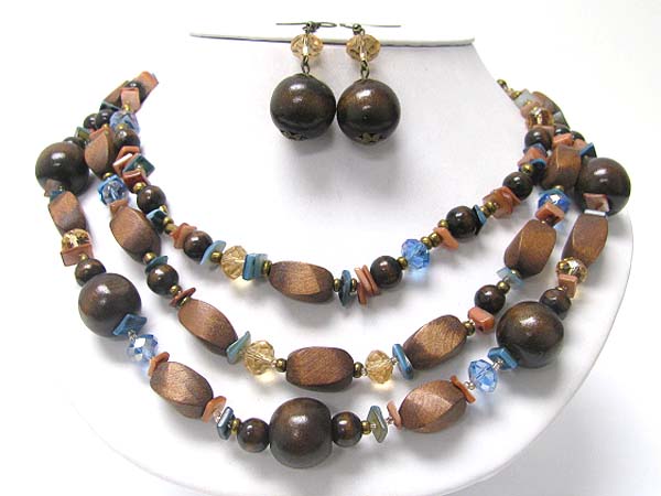 Triple row wood ball and mixed natural chip stone necklace earring set