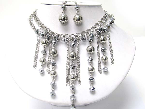 Multi line metal ball and chain drop necklace earring set