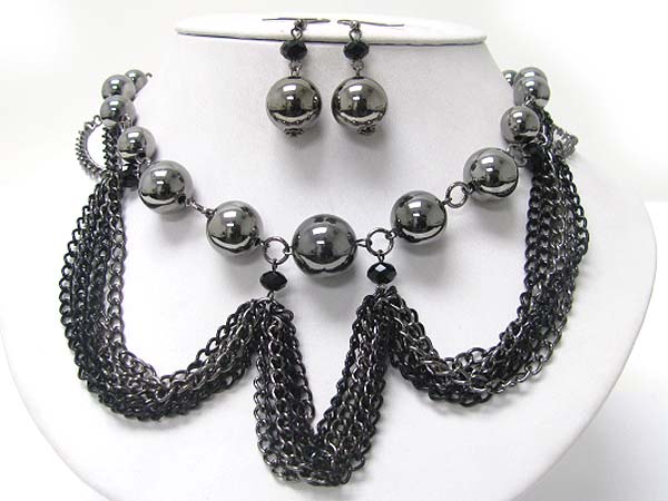 Metal chain hangin g drop meal ball link necklace earring set